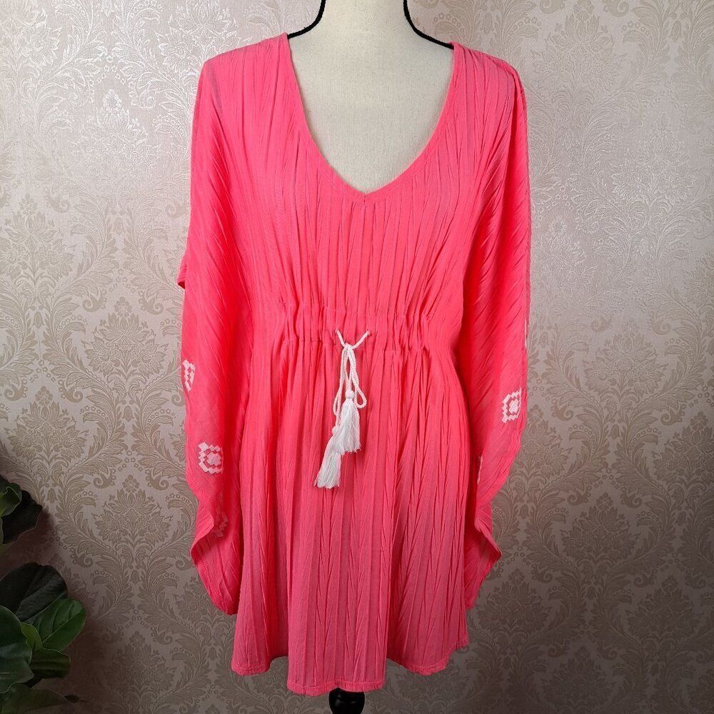 Catalina Size 4-6 Swimsuit CoverUp Fluorescent Pink White Embroidery Drawstring